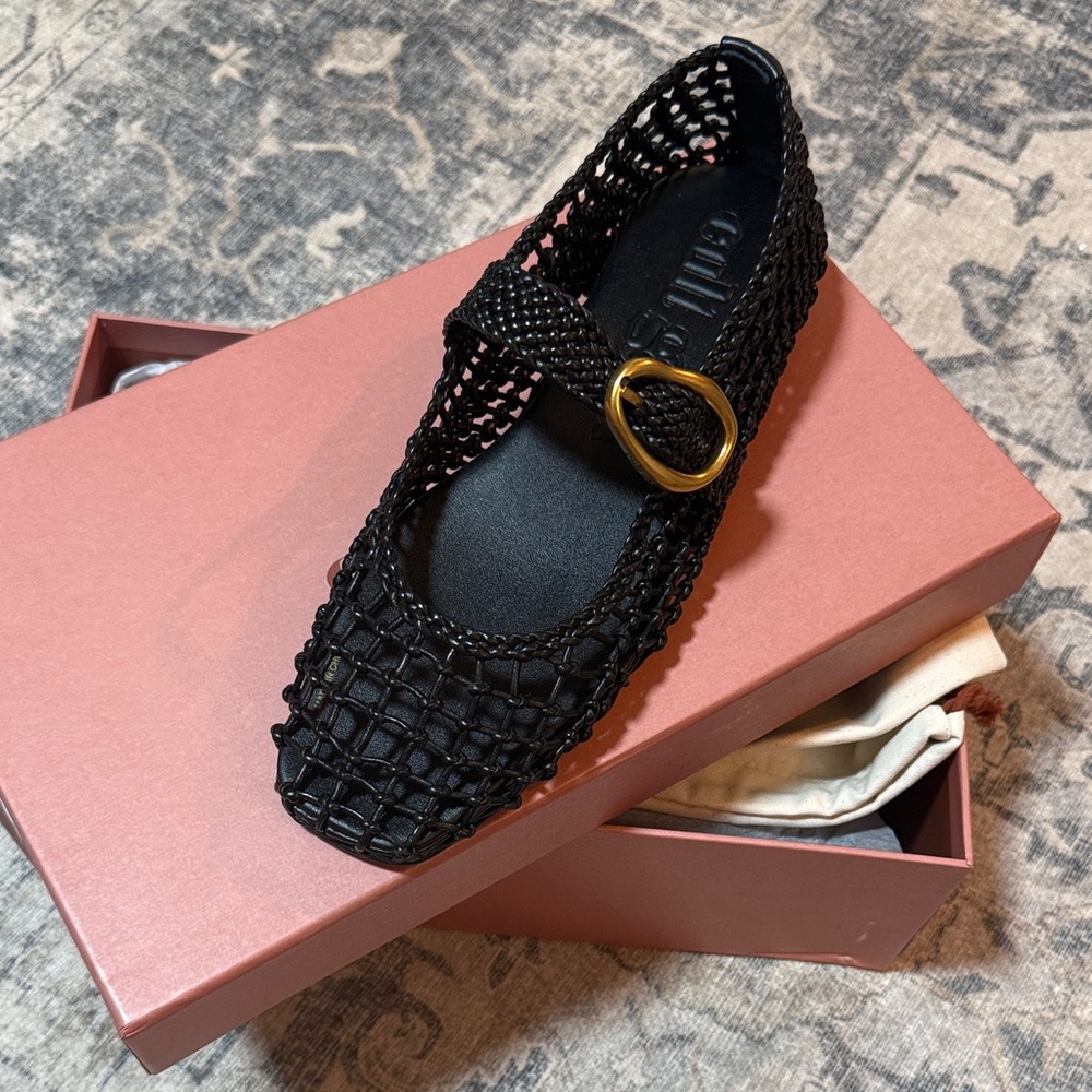 cult gaia Black Woven Mary Jane Flat with Gold Buckle